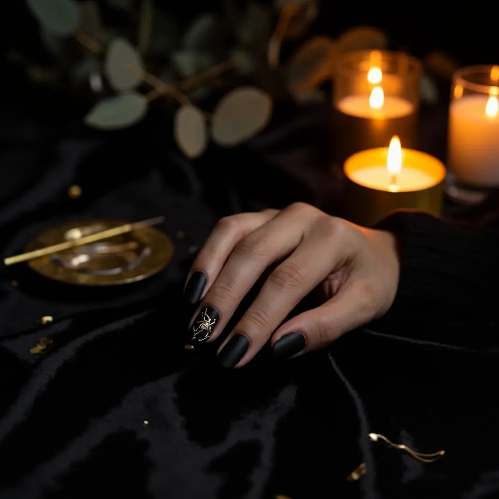 15 Classy Halloween Nail Ideas for a Sophisticated Manicure 1 Instruction black base with matte a up of p featuring gold spider one close accent nail image placement tiny 1 elegant nails