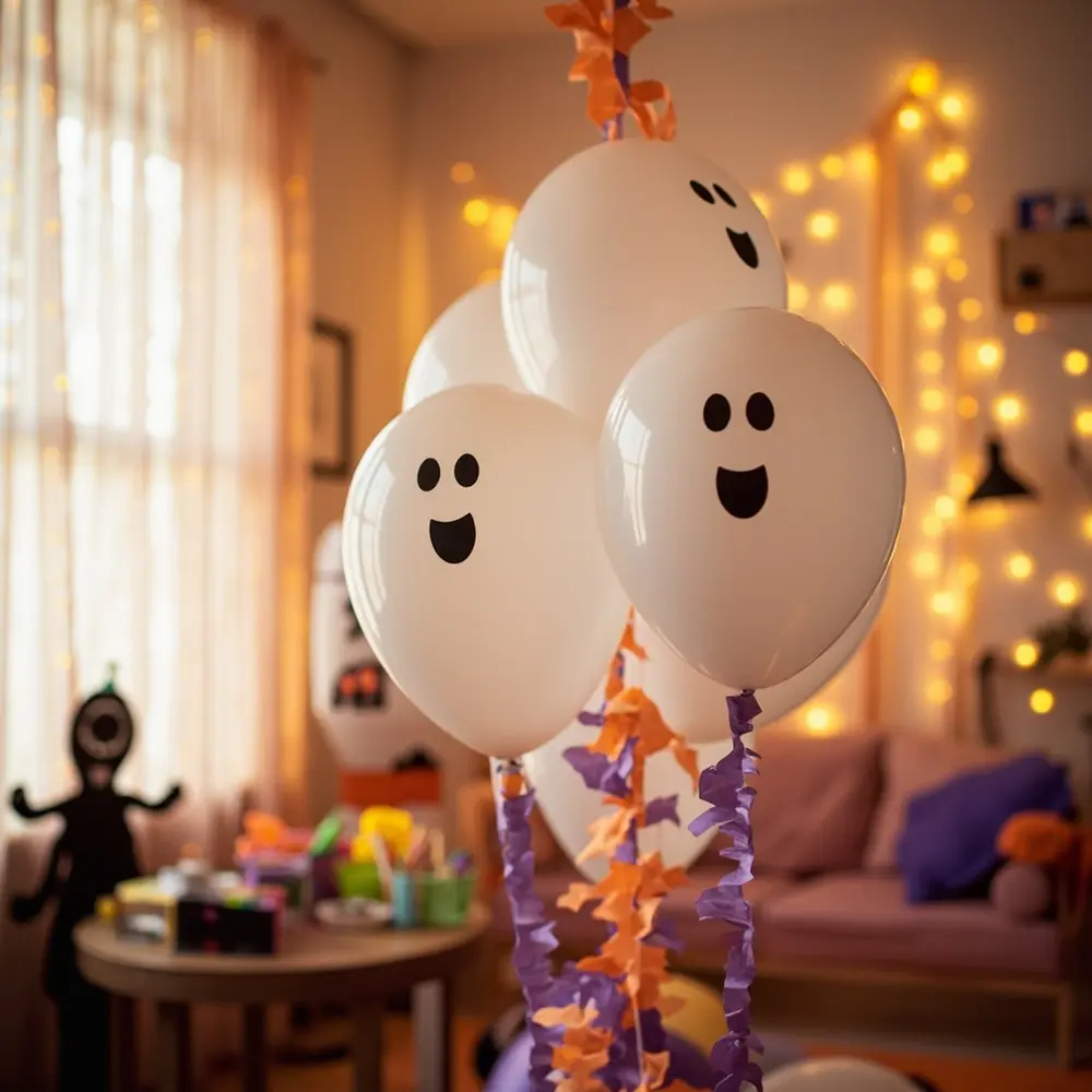 15 Fun & Spooky Halloween Birthday Party Ideas for Kids 1 Drawn white friendly faces them with room on a balloons of floating p or ghost in image cluster party hanging 1