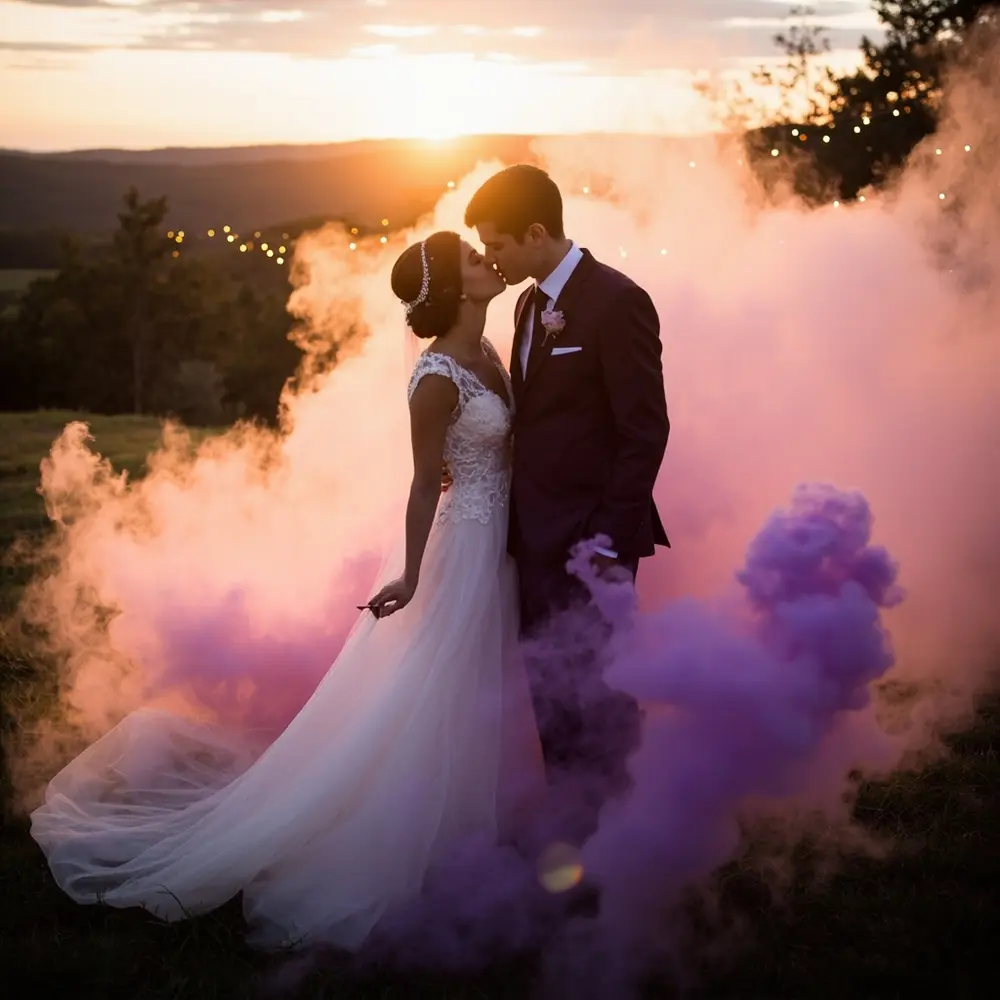 Instruction by setting a outdoor p wedding soft smoke an in attire image placement couple surrounded 1 lavender