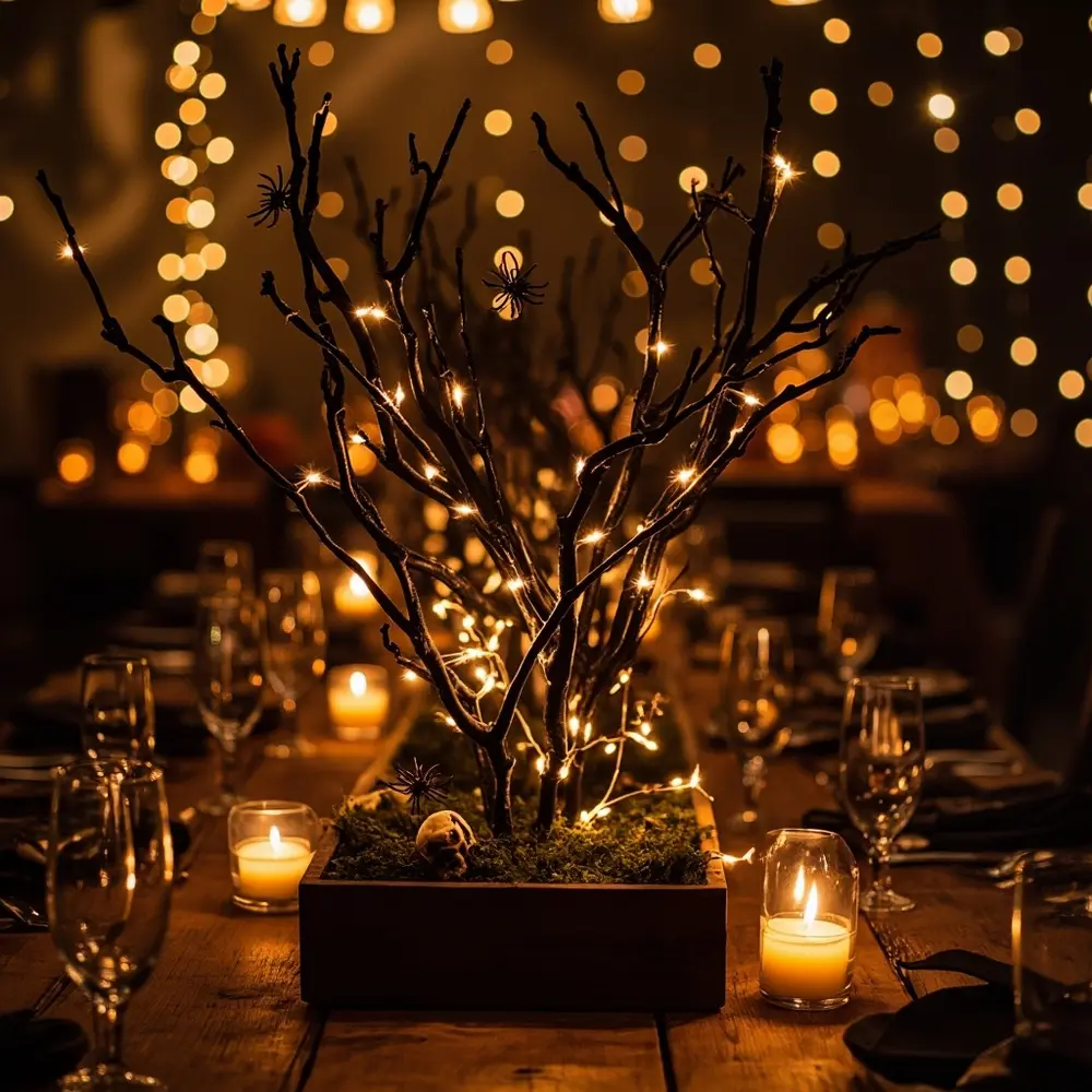 15 Jaw-Dropping DIY Halloween Wedding Ideas That Won't Break the Bank 1 Intertwined centerpiece fairy branches warm dark with spiders spray lights nestled a skulls p small or featuring within possibly image faux few 1 table painted