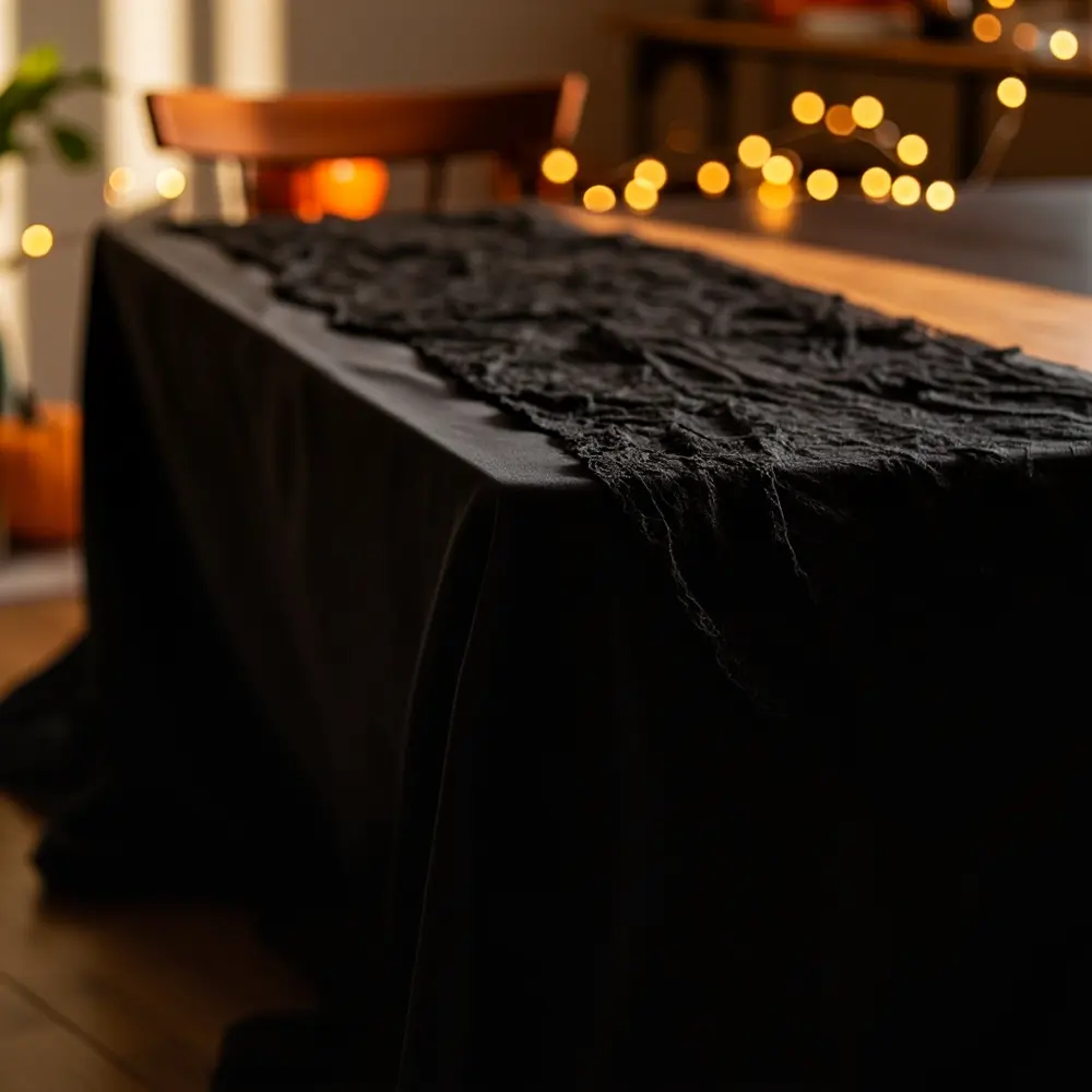 DIY Gothic Glam Tablescape: Step-by-Step Halloween & Birthday Decor Guide 1 Instruction layers base dark showing on a p tablecloth the lace and out image placement runner laid 1 table
