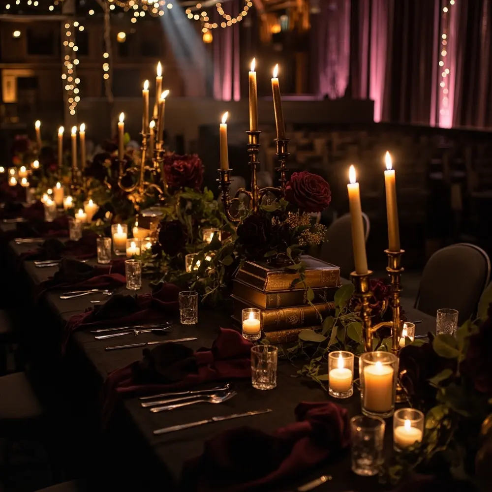 Elegant Gothic Wedding on a Budget: Stunning Ideas for a Dream Celebration 1 Instruction floral dimly dark with a of p uplighting wedding subtle and an candles reception image arrangements lit atmospheric placement 1 abundance