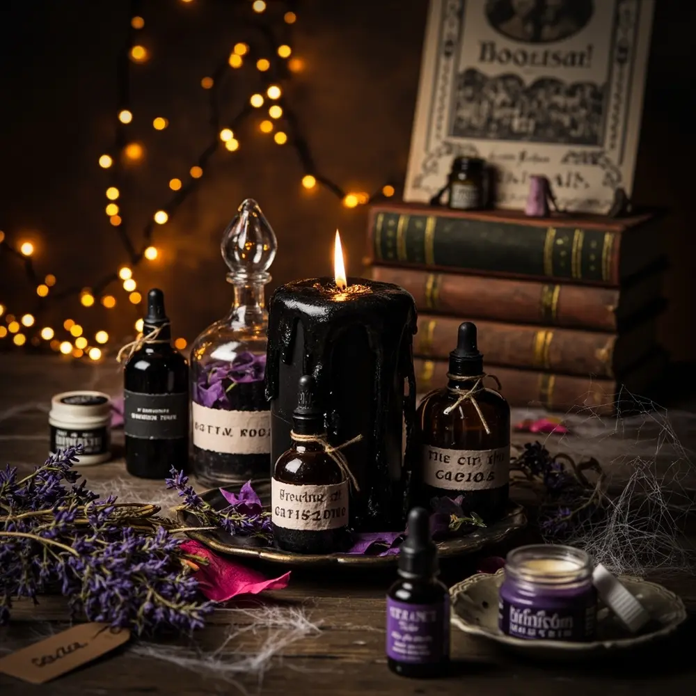 How to Throw a Spellbinding Hocus Pocus Birthday Party: DIY Decor, Food & Fun 1 8221 8220 centerpiece black flame by a of diy p bottles spiderwebs and styled potion beautifully image candle 1 surrounded photo