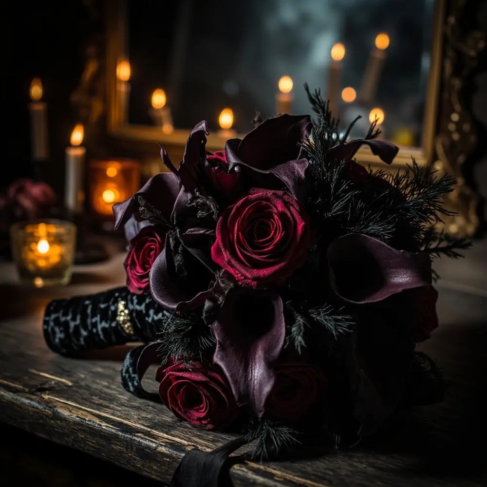 Instruction black purple dark bouquet a p featuring foliage and deep accents baccara dramatic image placement roses 1