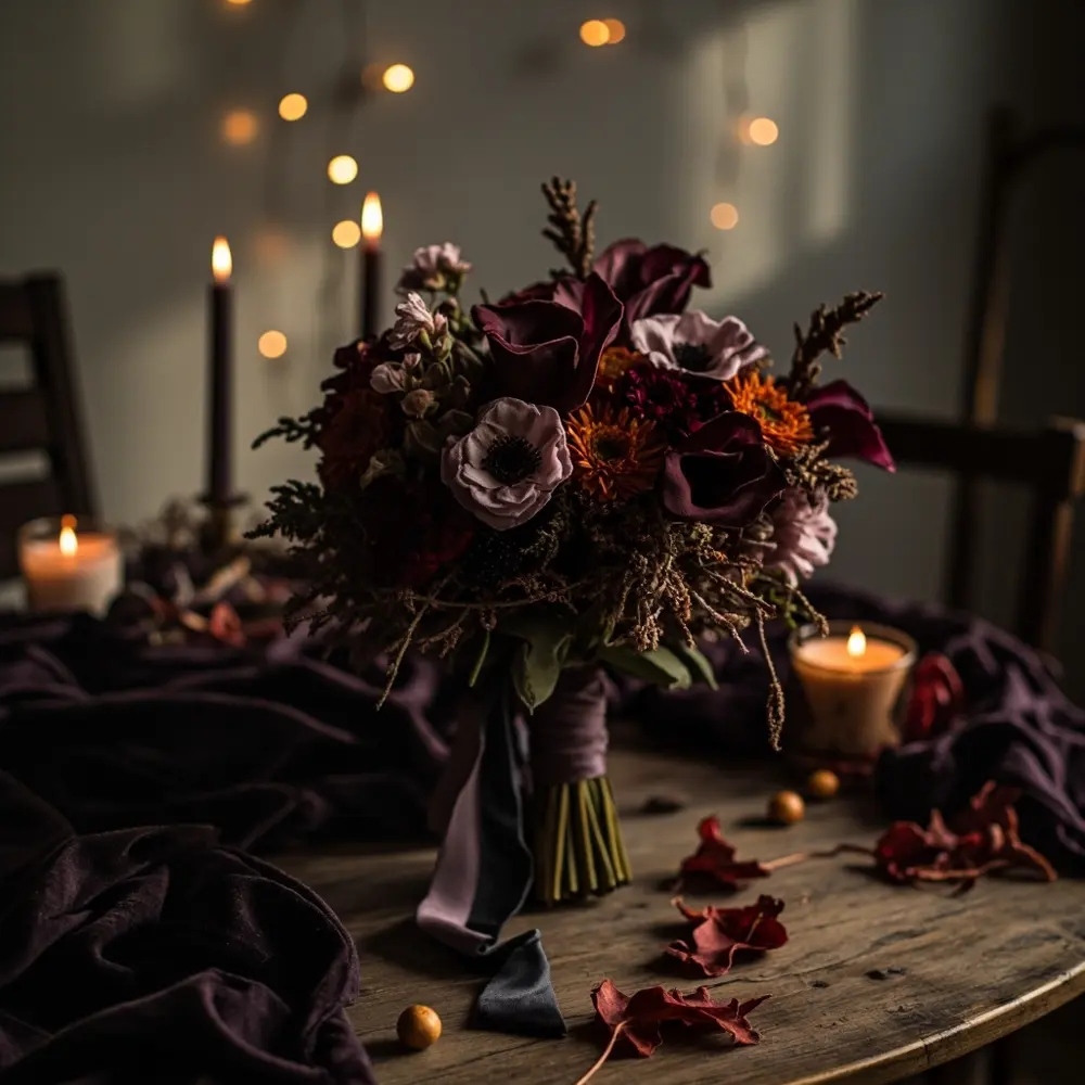 Artfully instruction purple dusty dark orange with bouquet a p stunning bridal rust featuring greenery arranged and flowers image placement 1