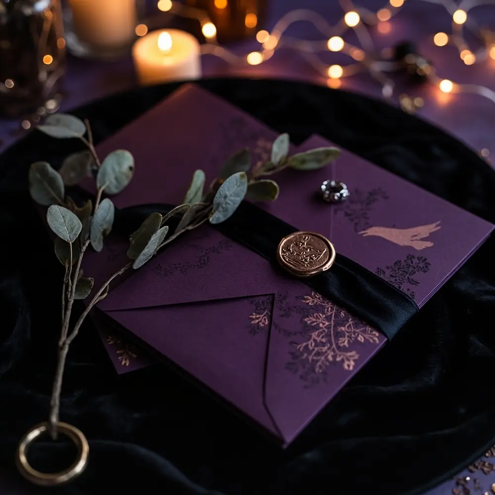 Black purple foil with invitation a p featuring suite and an deep accents seal image metallic wax 1 elegant