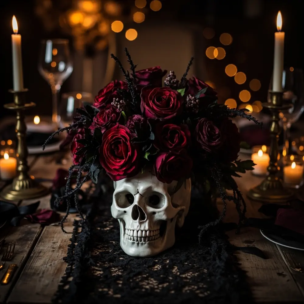 13 Elegant & Eerie 'Til Death Do Us Part' Decor Ideas for a Unique Wedding 1 1 centerpieces h2 floral 038 skull elegant