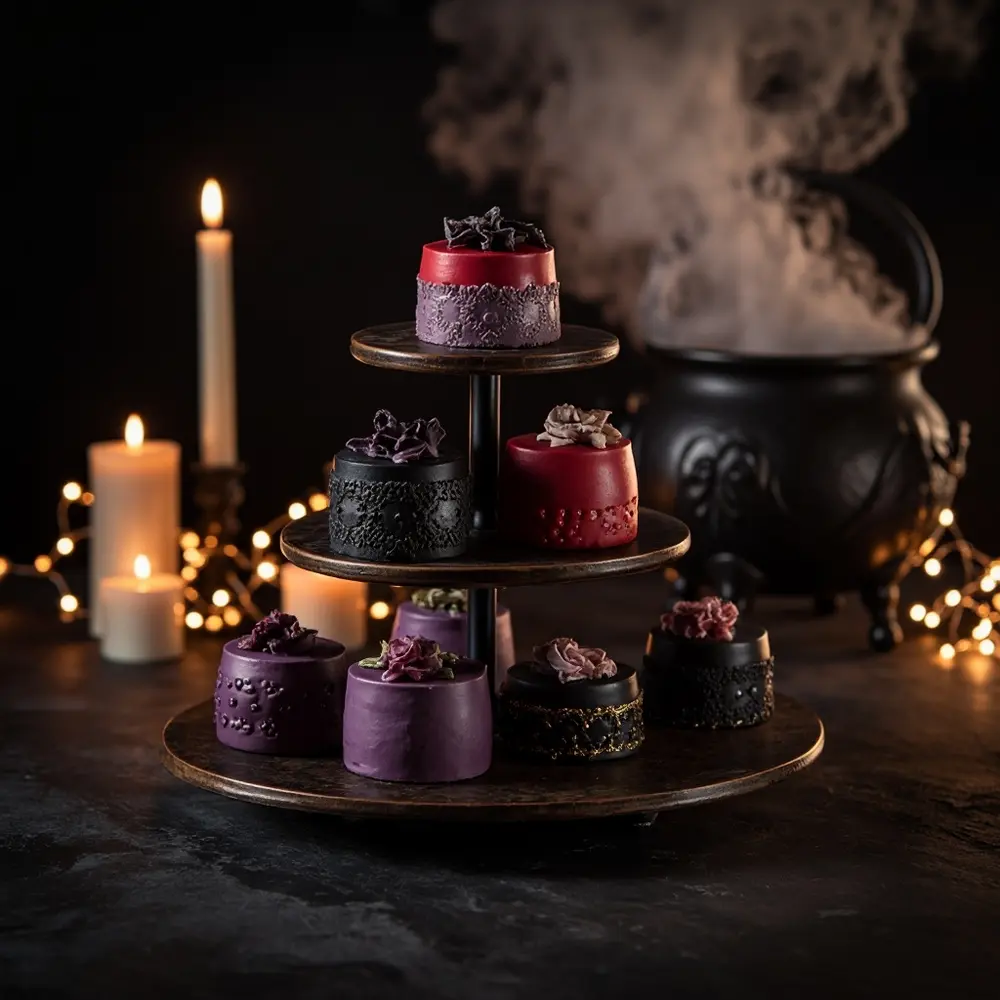 15 Elegant Spooky Dessert Bar Ideas for a Frightfully Sweet Wedding 1 Mini h2 glam gothic 1 cakes