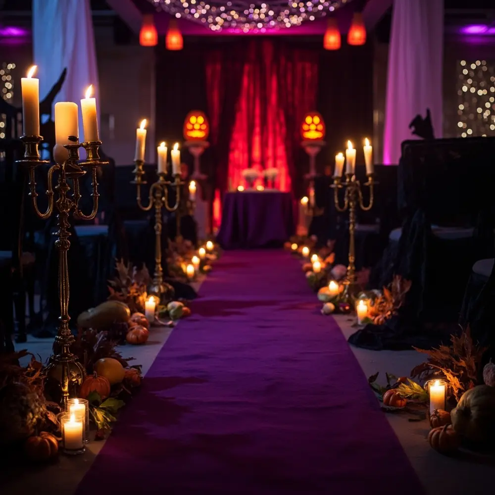 30+ Halloween Wedding Ideas on a Budget That Look Absolutely Incredible 1 Led flickering dark with elegantly fabrics decorated p wedding subtle foliage aisle and an candles image autumnal 1