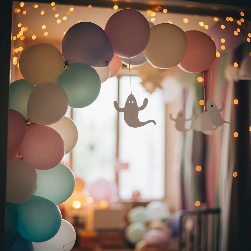 10 Adorably Spooky Pastel Ghost Birthday Party Ideas for Kids 1 Ghost ethereal entrance h2 pastel balloon 1 arch the