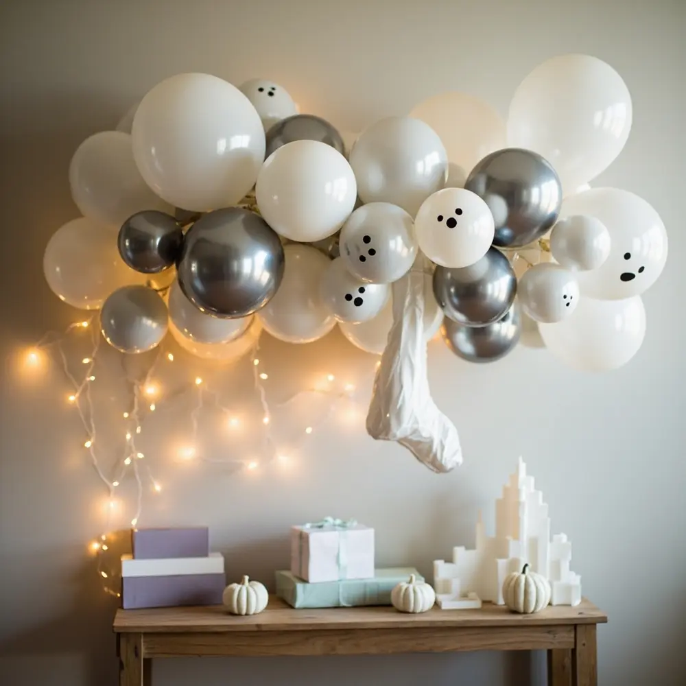 How to Throw a Magical 'Two Spooky' First Birthday: Decor, Cake & Photo Spots 1 White with a grey balloons p subtle ghost ethereal silver and in shaped garland beautiful interspersed image balloon light few 1