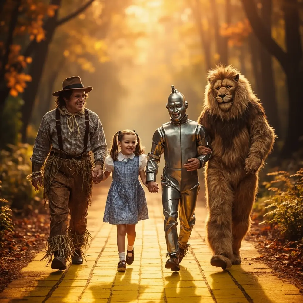 20 Unforgettable Family Halloween Costume Ideas (For 3, 4, or 5!) 1 Instruction dressed brick man dorothy family a of cowardly p walking road and scarecrow as lion four down image placement tin 1 yellow