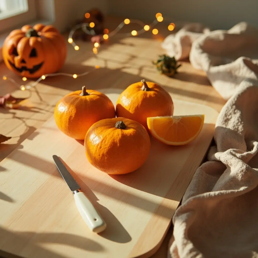 Easy Jack-o'-Lantern Oranges: A Healthy & Fun Halloween Snack Tutorial 1 Board paring knife a on spoon p small clean em and neatly ceramic out image oranges counter cutting kitchen laid 1