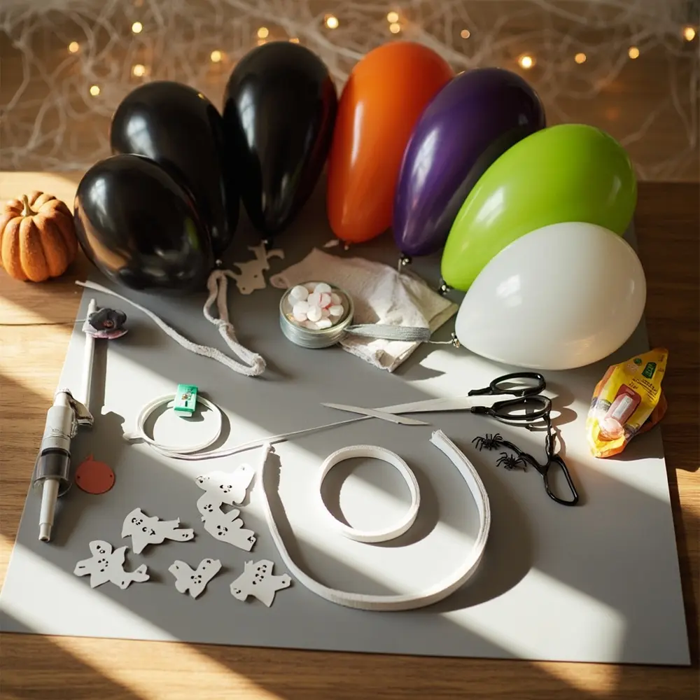 DIY Spooky Halloween Balloon Arch Tutorial: A Ghoulishly Good Party Backdrop 1 Flat chosen lay showing a balloons strip of p assorted the uninflated ghost em and cutouts color image halloween balloon 1 scheme