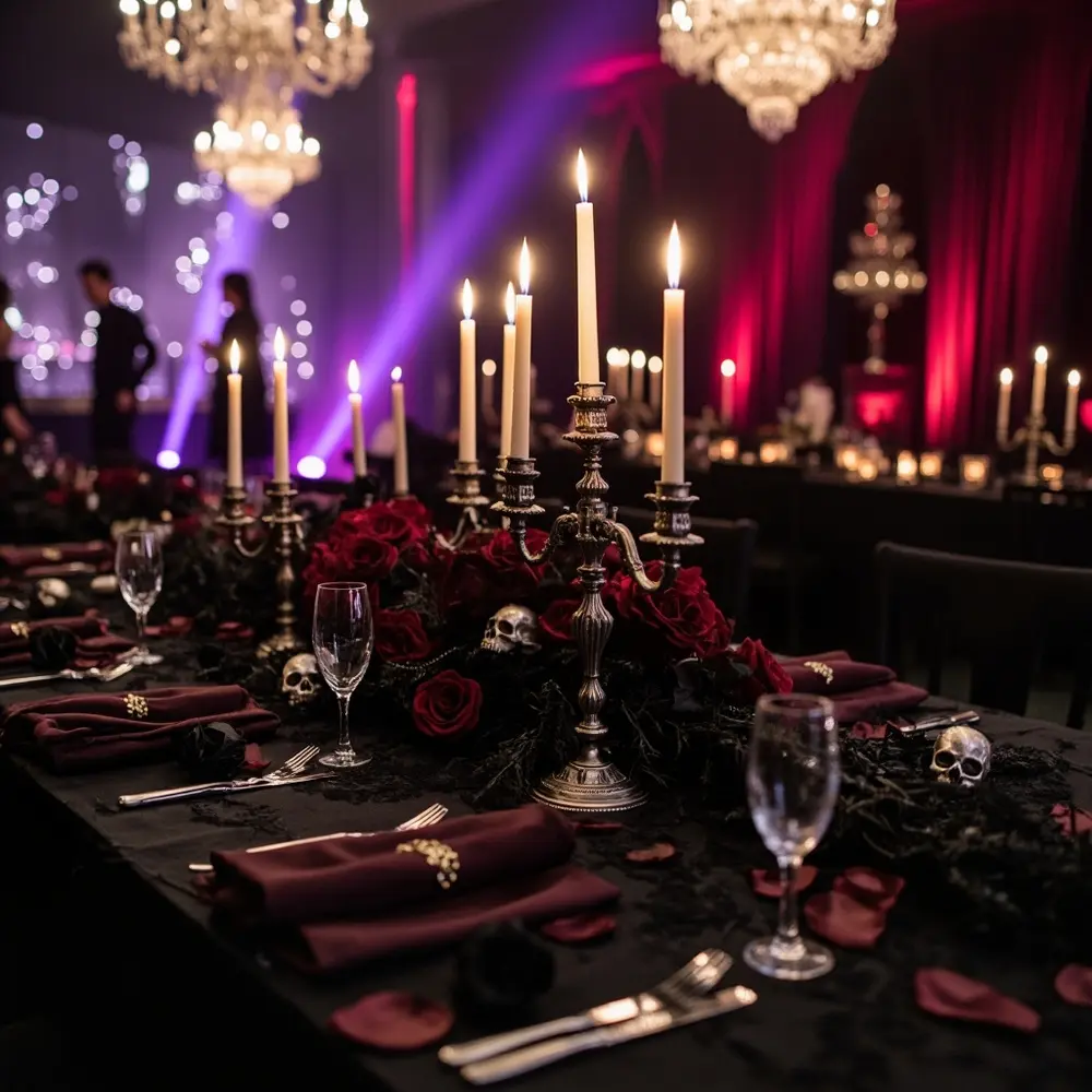 40+ Must-See Halloween Wedding Decorations Ideas for 2025 1 Candlelight dark a elaborate of p centerpieces stunning wedding featuring and linens reception image gothic 1 table photo