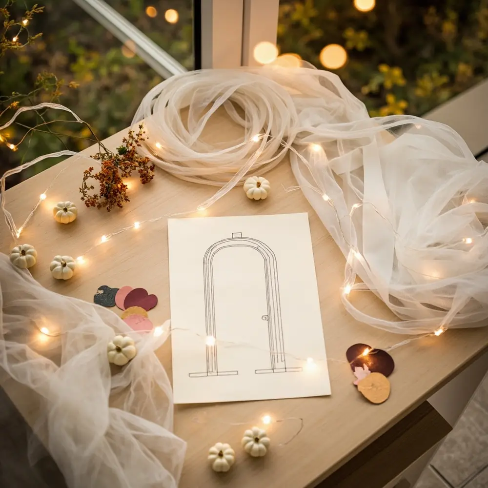 How to Create a Whimsical Halloween Wedding Entryway Your Guests Will Love 1 Board including swatches showing a p or the em sketch concept and overall color image examples mood palette light fabric 1