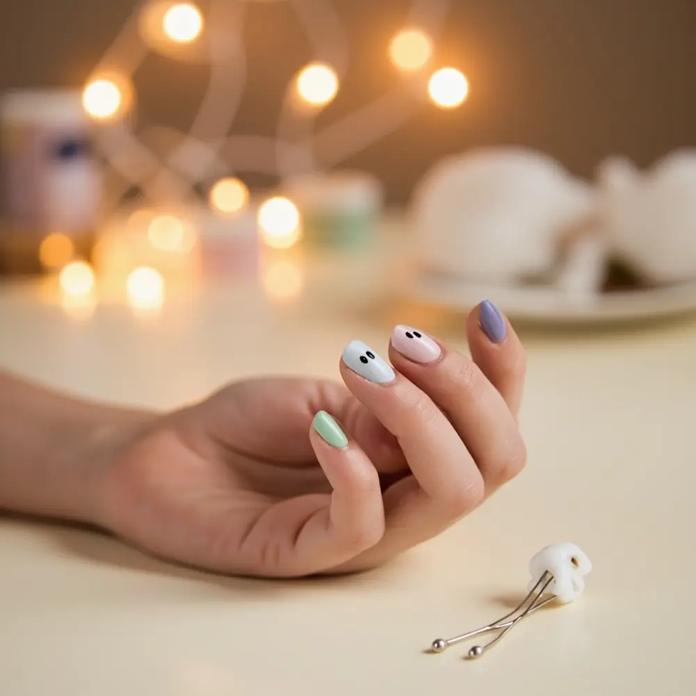 19 Insanely Cute Halloween Nail Designs Kids & Moms Will Adore (Kawaii, Pastel & Retro Fun!) 1 Friendly ghost cute h2 pastel 1 the mani