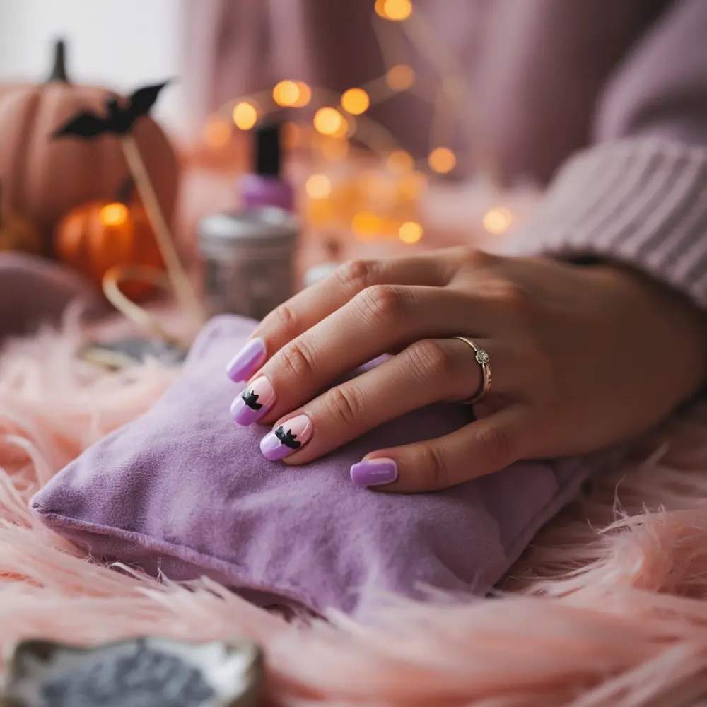 17 Girly Halloween Nail Designs That Are More Sweet Than Spooky 1 Instruction silhouettes black purple with bat a ombre p soft featuring image placement pink tiny pastel to 1 nails