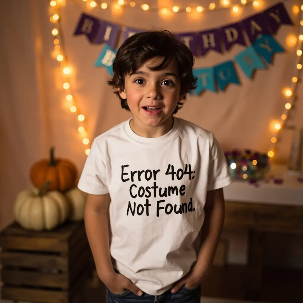 15 Clever & Quick Last-Minute Halloween Birthday Costumes for Party Guests 1 8221 8220 instruction but clearly found with looking not on a written shirt t p amused wearing slightly it costume person bewildered image error placement 404 1 plain