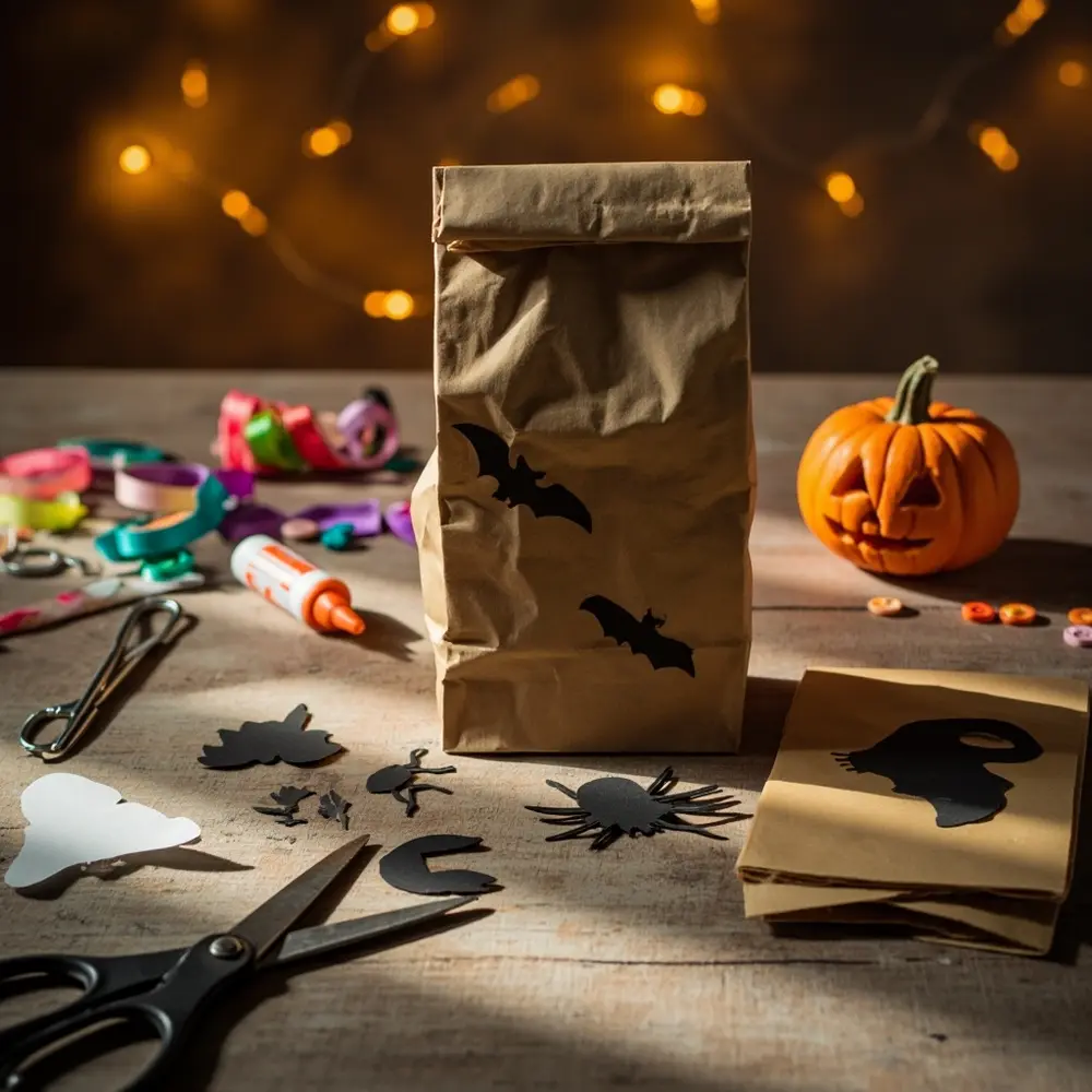 Creative & Budget-Friendly DIY Halloween Treat Bags for Parties 1 Various then finished silhouettes black with bat on a cat of p bag ghost em and spider glued out image paper cut next silhouette to 1 plain