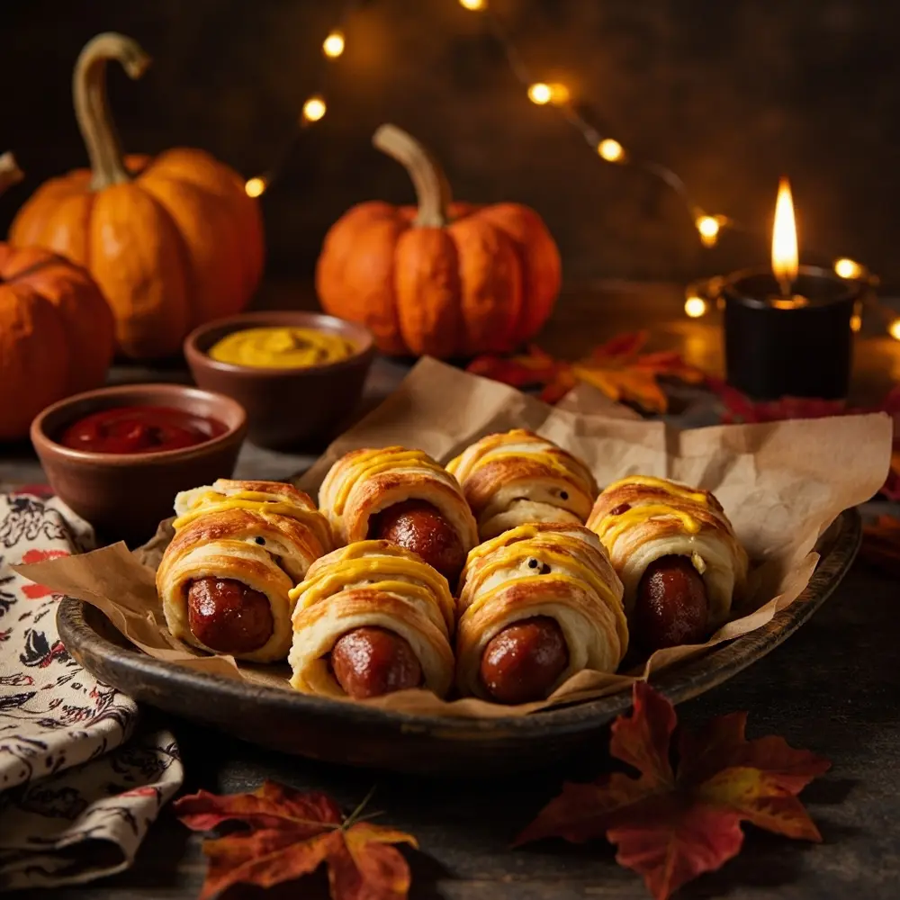 10 Easy & Quick Halloween Party Snacks for Last-Minute Fun 1 Baked eyes 1 instruction with on a of p mummy 8216 8217 image mustard placement perfectly platter spooky plate dogs
