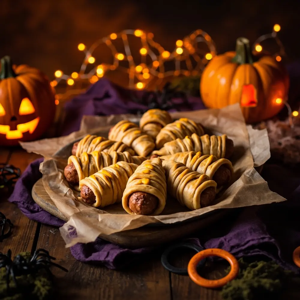 15 Spooktacular & Family-Friendly Halloween Birthday Appetizers (Quick & Allergy-Aware!) 1 Mustard eyes a sausage platter brown mummy rolls of p 1 dot with image golden