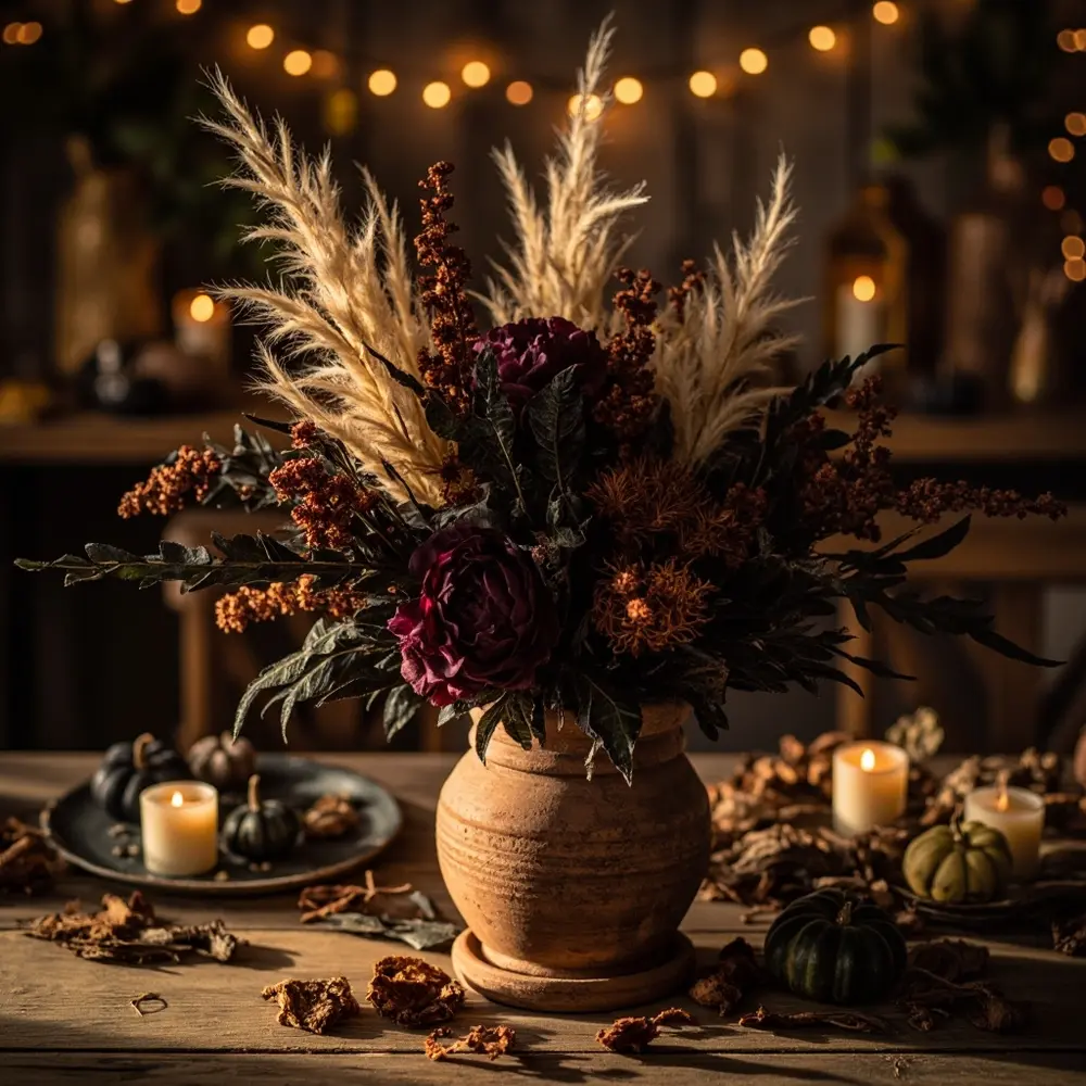 15 Boho Halloween Wedding Ideas for a Free-Spirited Spooky Vibe 1 Dried black leaves dark with on a up of p grass and pot close flowers image filled pampas terracotta wooden mix 1 few toned table painted