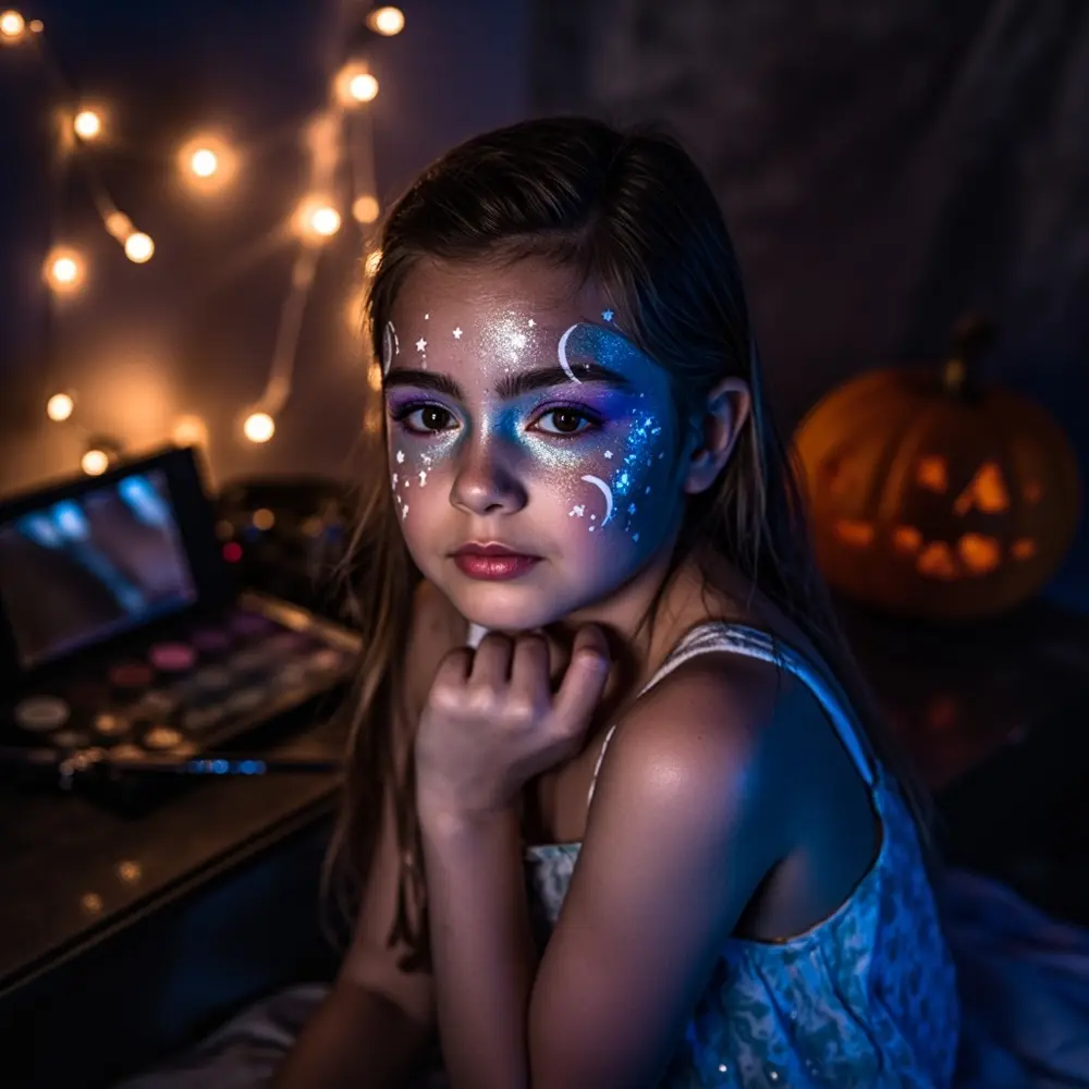 9 Cute & Creative Halloween Makeup Ideas for Tweens & Teens (Mom-Approved!) 1 Drawn teen instruction with look on a stars temples of p small moons soft featuring shimmery the glitter and cheekbones image placement makeup tween touch 1