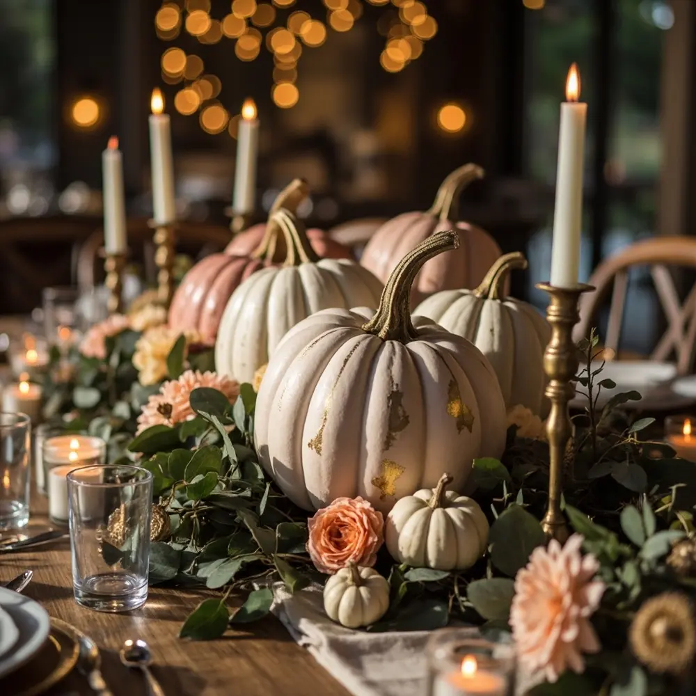 Gorgeous Fall Wedding Ideas: Elegant Pumpkin Decor Beyond the Carve 1 White instruction centerpiece eucalyptus floral by delicate a p wedding featuring gold arranged and accents candles pumpkins beautifully image placement 1 surrounded painted