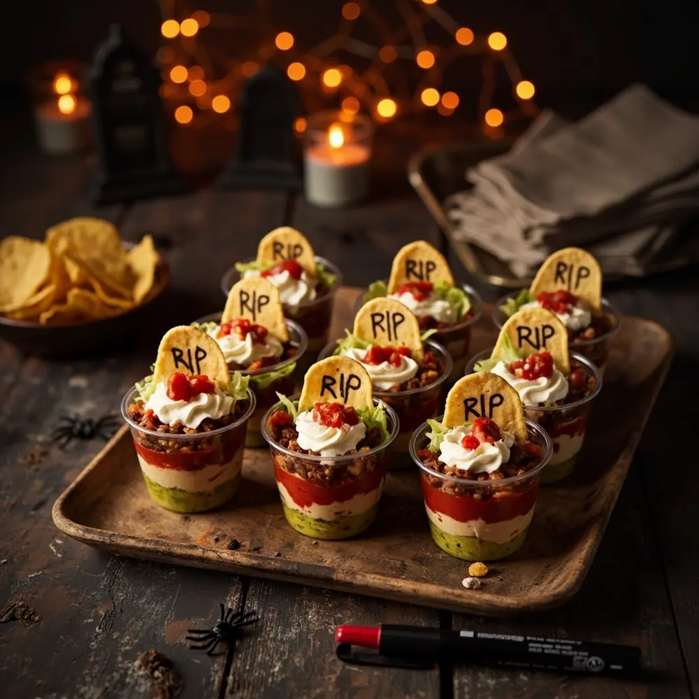 15 Spooktacular & Family-Friendly Halloween Birthday Appetizers (Quick & Allergy-Aware!) 10 Ingredients taco with 10 a layered lettuce p dip shredded and 8216 8217 chip topped clear cups image tombstone tortilla