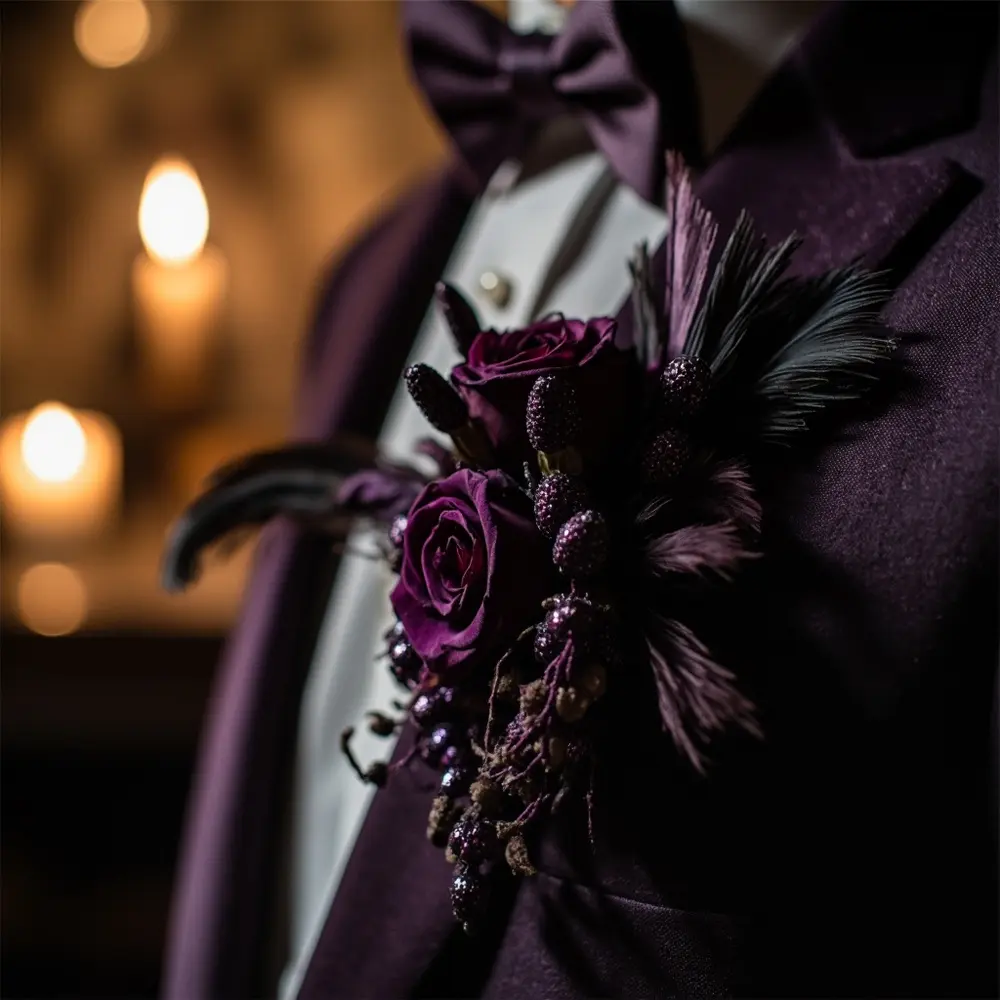 Instruction purple dark bouquet feathers 10 a up of boutonniere p wedding or featuring and deep close flowers image placement few elegant raven