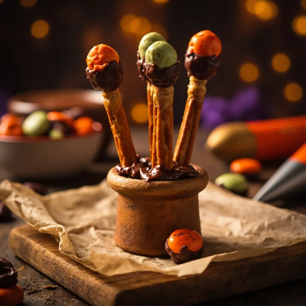 15 Easy & Delicious Halloween Snacks: Spooky, Savory, and Sweet Treats for Everyone 10 Cluster placement 10 a instruction of standing upright p broomsticks image pretzel