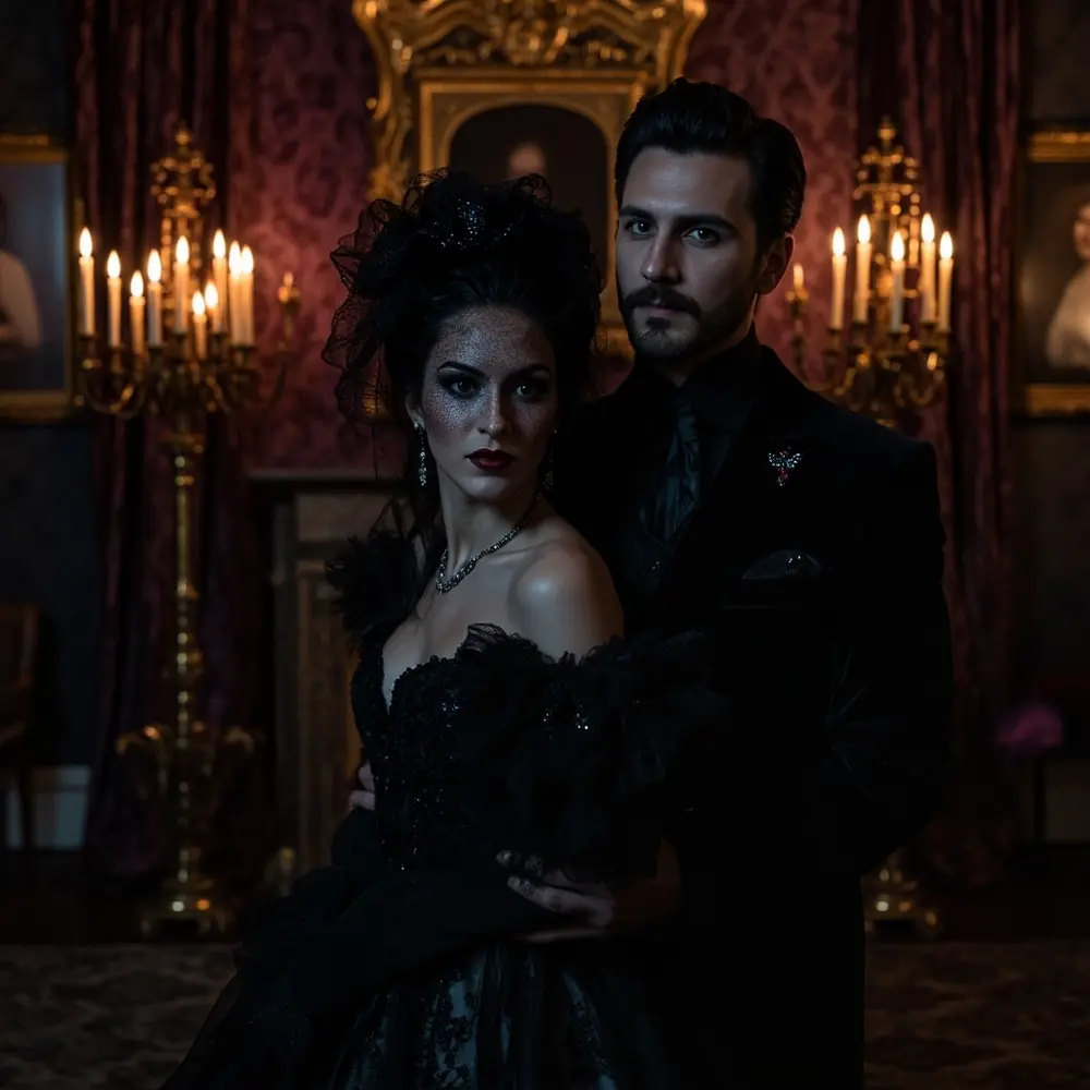 15 Enchanting Halloween Wedding Costume Ideas for Spooky Couples 10 Mourning 10 victorian couple somberness h2 elegant