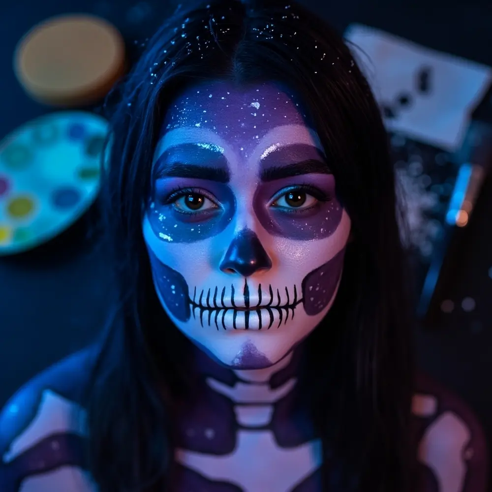12 Sweet & Spooky Pastel Skeleton & Sugar Skull Makeup Ideas 10 White star instruction swirling with showing speckles colors 10 a model skeleton p and themed image galaxy placement makeup pastel