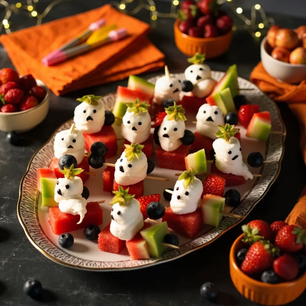10 Spooktacular & Healthy Halloween Snacks Your Kids Will Devour 10 Faces fruit artfully several clearly with skewers 10 a on of p the ghost arranged colorful image visible platter ghostly photo