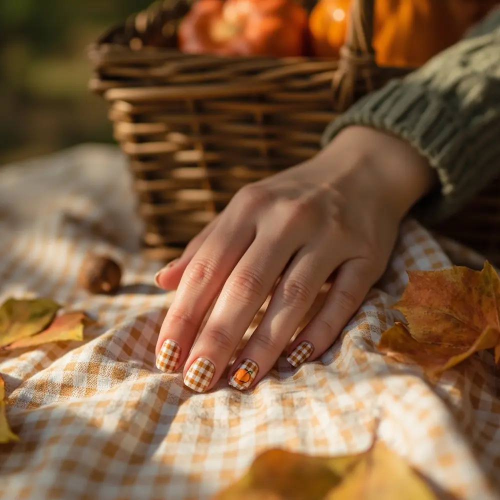 15 Adorable Pumpkin Nail Designs for Your Perfect Fall & Halloween Manicure 10 10 pumpkin accents gingham h2 038