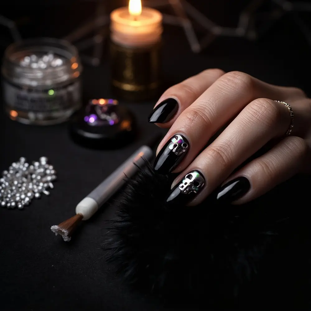 17 Girly Halloween Nail Designs That Are More Sweet Than Spooky 10 Placement 10 iridescent on instruction glossy with black accent skull p small nails image pearl embellishments