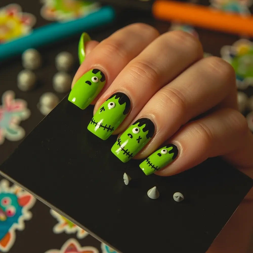 19 Insanely Cute Halloween Nail Designs Kids & Moms Will Adore (Kawaii, Pastel & Retro Fun!) 10 Faces frankenstein 10 monster 8217 cute h2 s cartoon little