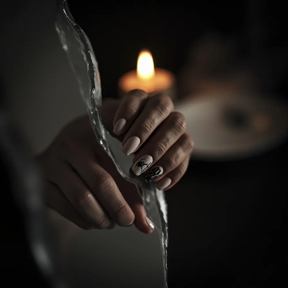 18 Genuinely Spooky & Scary Halloween Nail Ideas for 2025 10 Across hand instruction black base with matte 10 a of stark p or featuring the skeletal shadowy nail pale image placement silhouette reaching nails