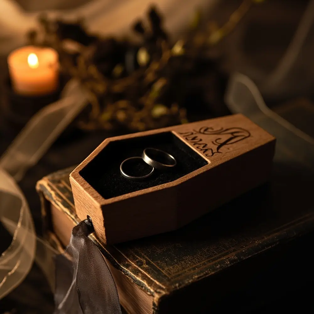 13 Elegant & Eerie 'Til Death Do Us Part' Decor Ideas for a Unique Wedding 10 10 box personalized coffin h2 ring