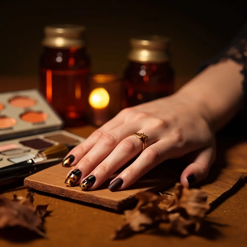 15 Classy Halloween Nail Ideas for a Sophisticated Manicure 10 Instruction brown black with bat 10 a on p solid and accent nail tortoiseshell image placement tiny nails