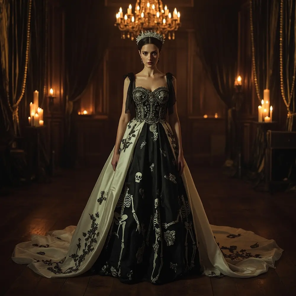17 Stunning Halloween Wedding Dresses: Black, Red, & Gothic Gowns for a Spooky Chic Celebration 10 Like bone embroidery placement 10 a instruction skeleton subtle s p appliqu wedding or with image dress