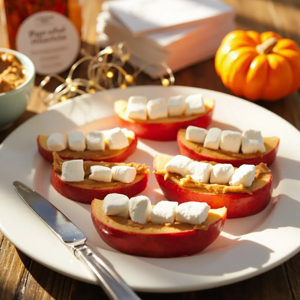 15 Spooktacular & Family-Friendly Halloween Birthday Appetizers (Quick & Allergy-Aware!) 11 Marshmallows peanut with look like 11 p butter mouths apple arranged slices and mini monster image to teeth