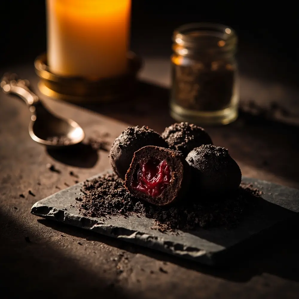 15 Elegant Spooky Dessert Bar Ideas for a Frightfully Sweet Wedding 11 Magic 11 black h2 truffles