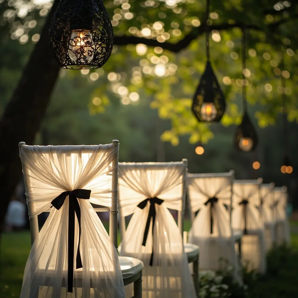 15 Jaw-Dropping DIY Halloween Wedding Ideas That Won't Break the Bank 11 White tied black creating with chairs a 11 of p soft draped ribbon sashes appearance row image ghostly tulle
