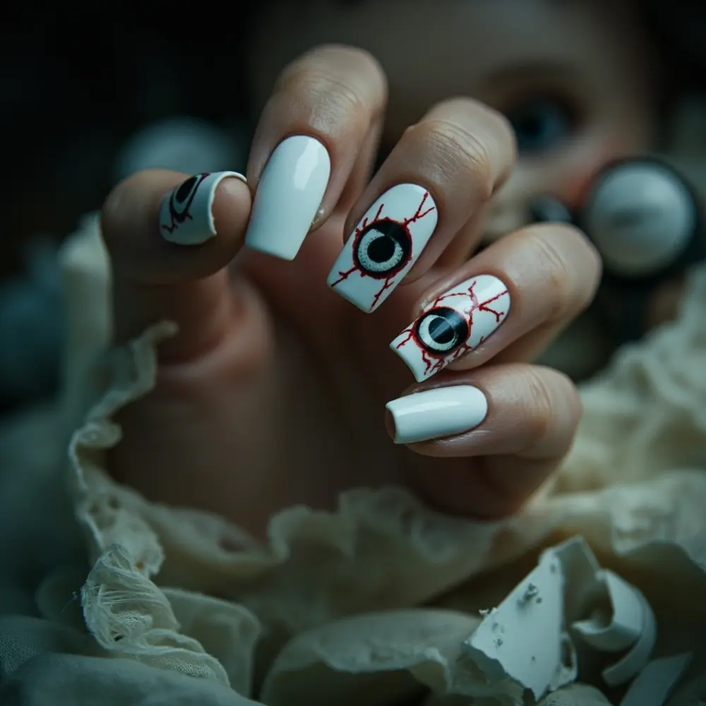 18 Genuinely Spooky & Scary Halloween Nail Ideas for 2025 11 White eyes them instruction effect base perhaps with wide 11 a p or subtle featuring slightly doll crack around open pale image large placement mismatched nails bloodshot