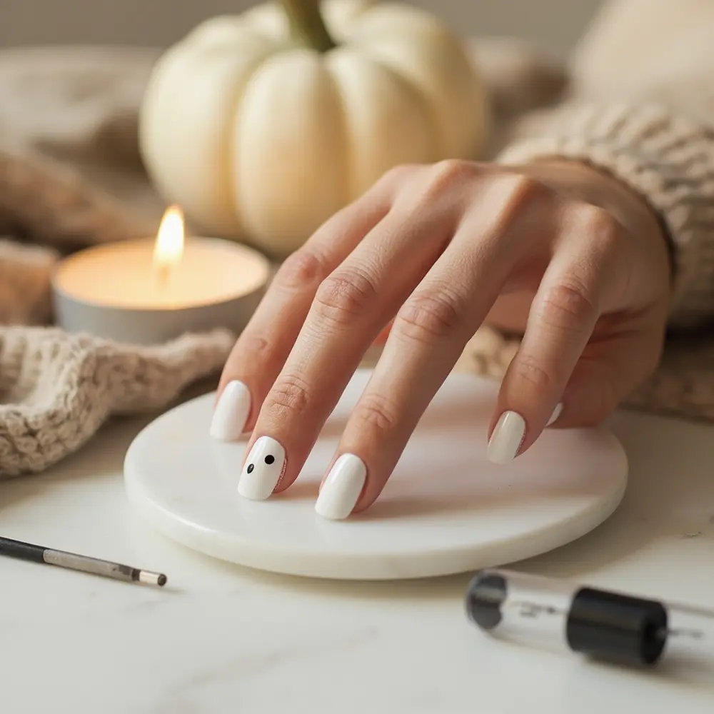 15 Classy Halloween Nail Ideas for a Sophisticated Manicure 11 White ghost faces 11 h2 black base with minimalist