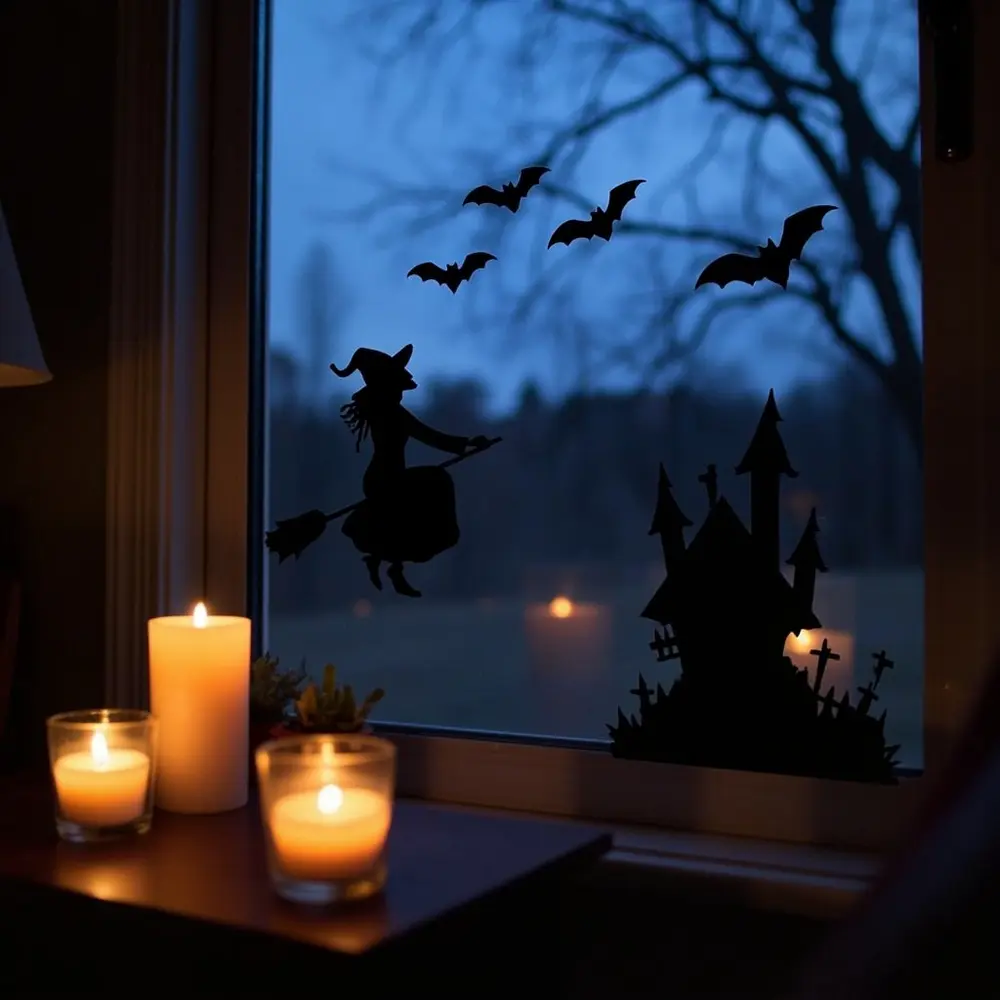 15 Spooktacular & Budget-Friendly Halloween Birthday Decorations (Thrifty Hacks for a Frightfully Fun Party!) 12 Instruction silhouettes black witch with house adorned 12 on a of p or bats image paper broomstick placement haunted window