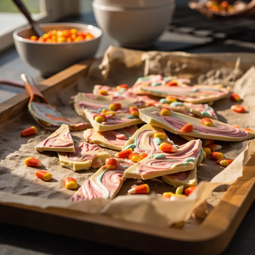 15 Dreamy DIY Pastel Halloween Birthday Party Ideas 12 Instruction corn layers showing 12 broken a up of p distinct the into close candy image bark placement irregular pieces pastel