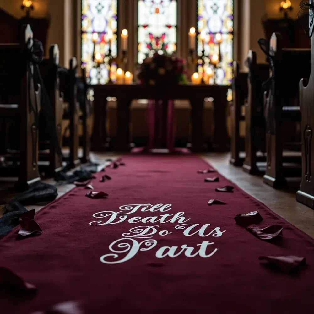 13 Elegant & Eerie 'Til Death Do Us Part' Decor Ideas for a Unique Wedding 12 12 aisle death 8220 do us 8221 runner h2 part till